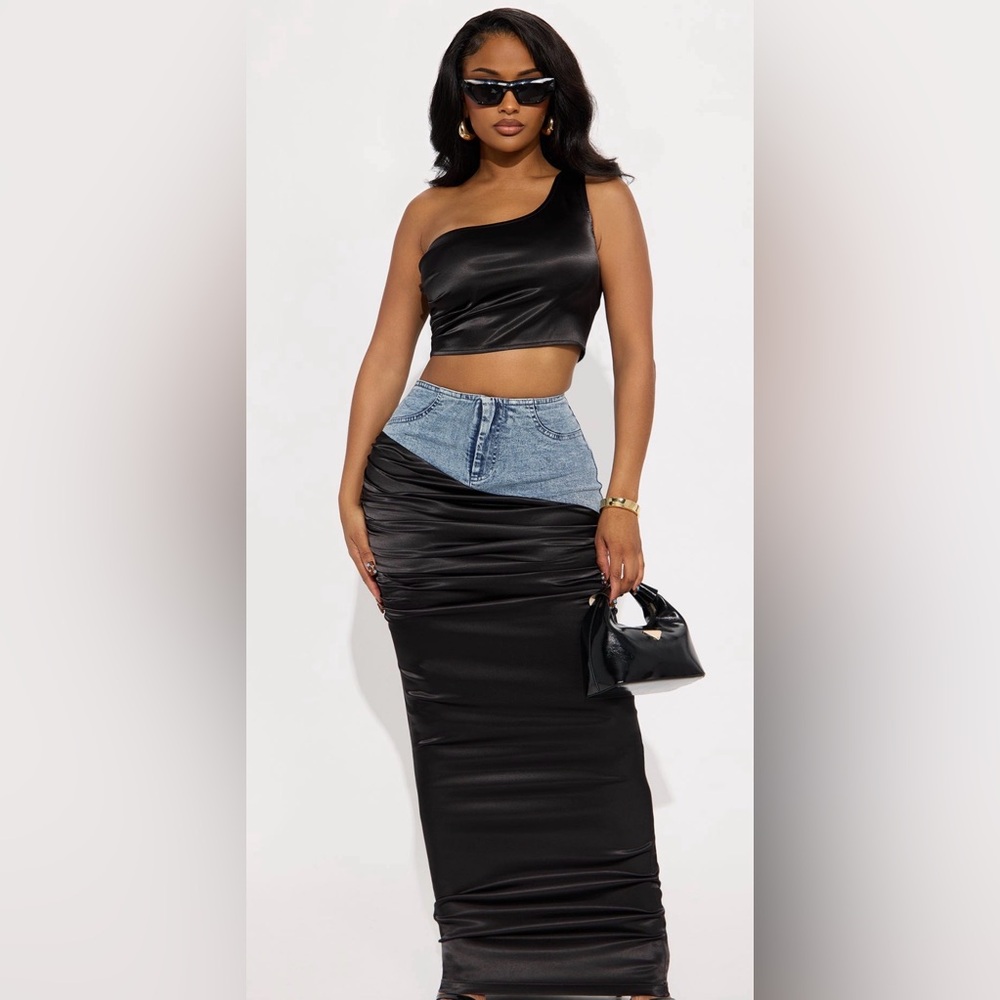 Fashion Nova Black and Denim Skirt Set